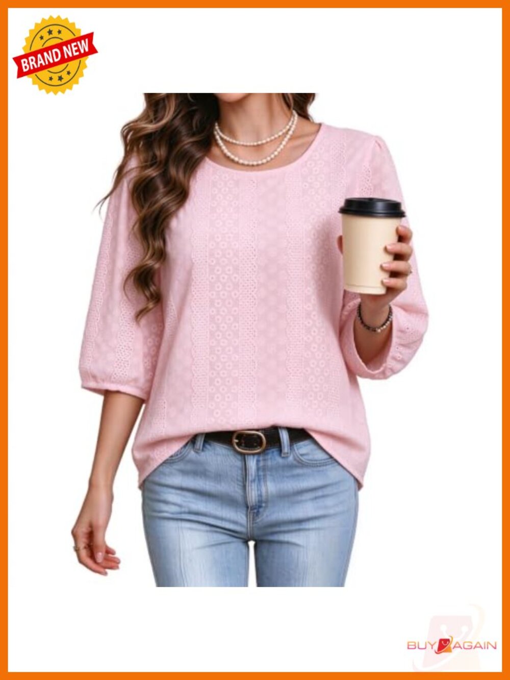 Cotton Eyelet Embroidered Blouse 3/4 Sleeve Crew Neck Boho Tunic Top